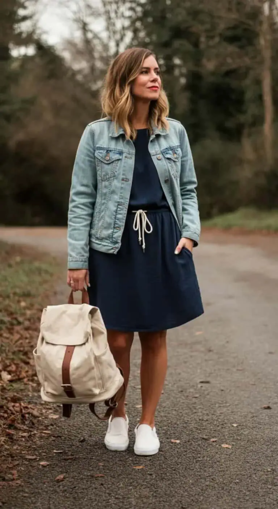 Navy drawstring dress with light wash denim jacket and white leather slip-on sneakers casual outfit for women