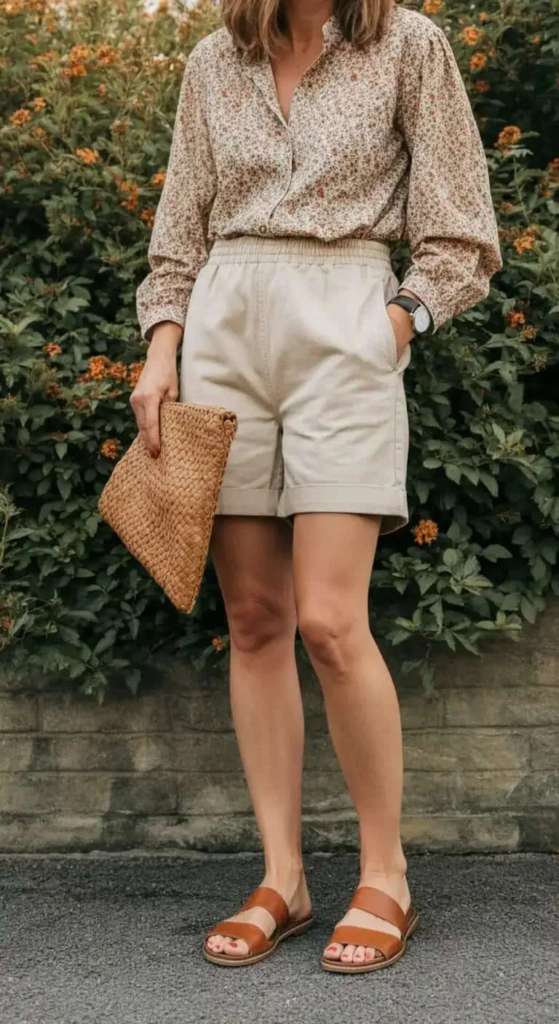 Loose cotton shorts with flowing printed blouse, leather flat sandals, and woven clutch casual summer outfit for women