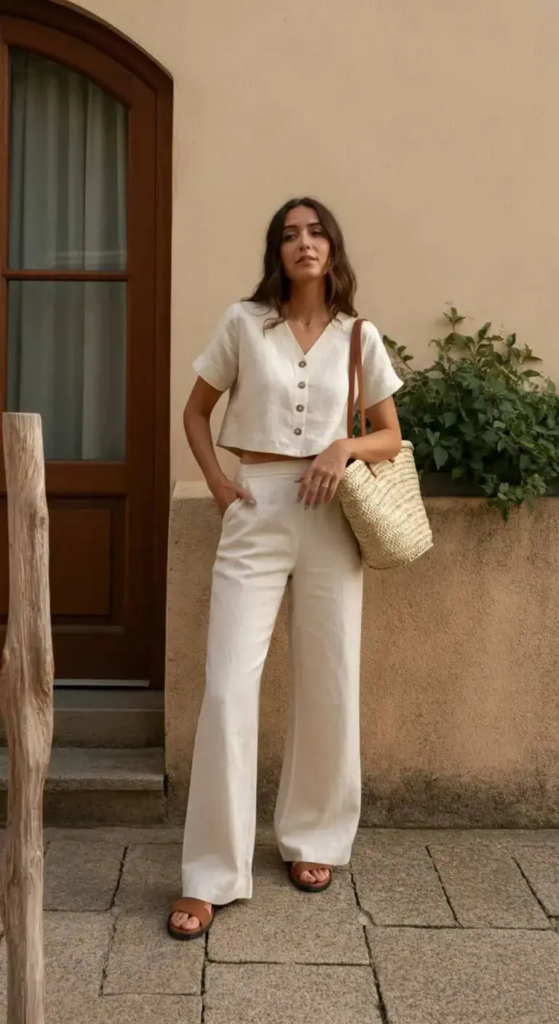 Cropped wide-leg linen pants set with tan leather sandals and straw tote summer outfit for women