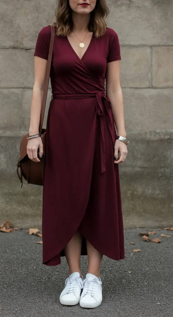 Jersey wrap dress with white leather sneakers and leather shoulder bag casual summer outfit for women