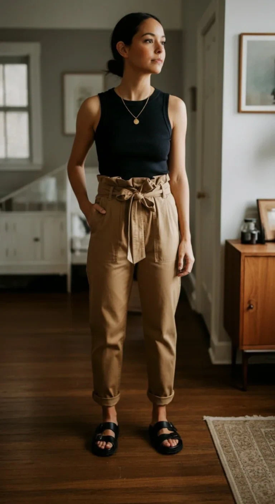 Paper bag waist pants with fitted tank and black leather sandals casual chic summer outfit for women