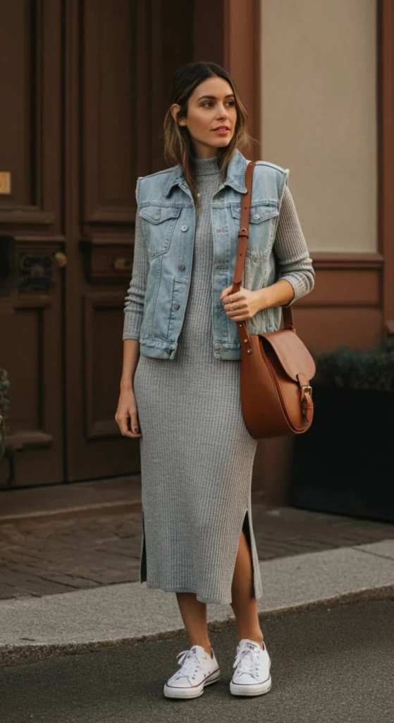 Ribbed knit midi dress with light wash denim vest, white canvas sneakers, and hobo bag casual outfit for women