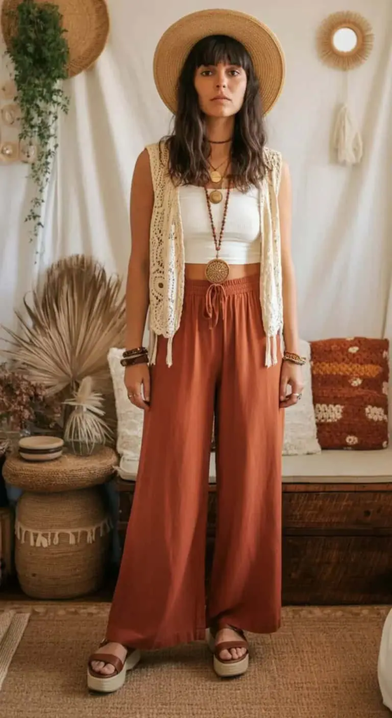 Summer concert outfit with crochet vest and wide-leg pants featuring bohemian style and comfortable movement.