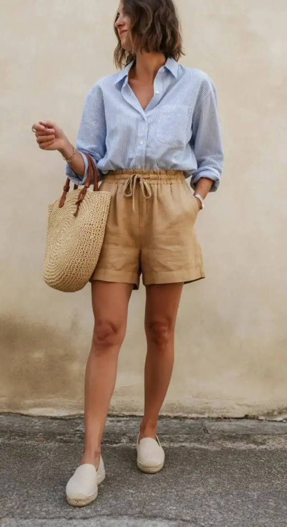 Linen Shorts with Striped Button-Up