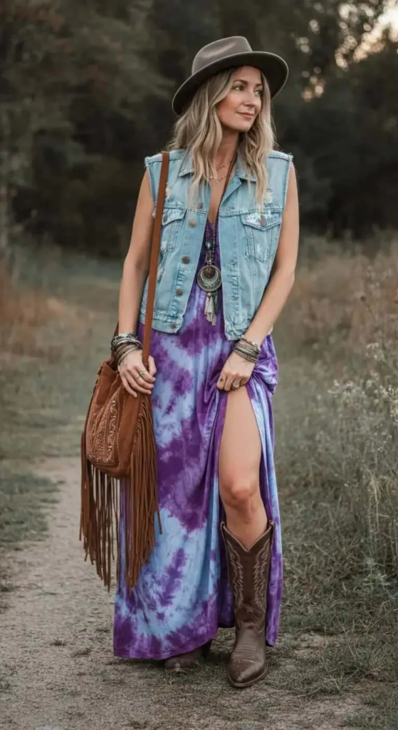 Tie-dye maxi dress with denim vest styled for summer concerts featuring bohemian movement and practical festival fashion.