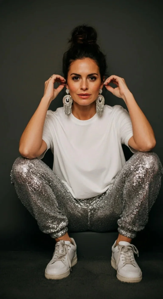 Sequin joggers with oversized tee styled for summer concerts featuring comfortable, glittering festival fashion.