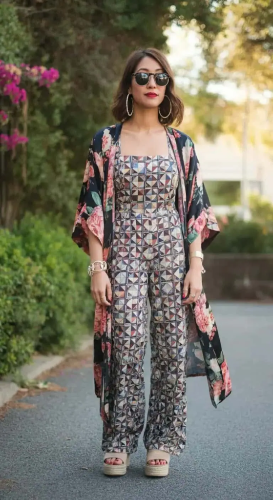 Printed jumpsuit with flowing kimono styled for summer concerts featuring layered, comfortable festival-ready fashion.