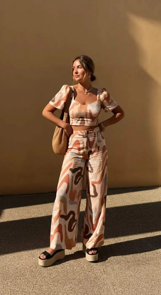 Printed coord set with platform sandals styled for summer concerts featuring coordinated, comfortable festival fashion.