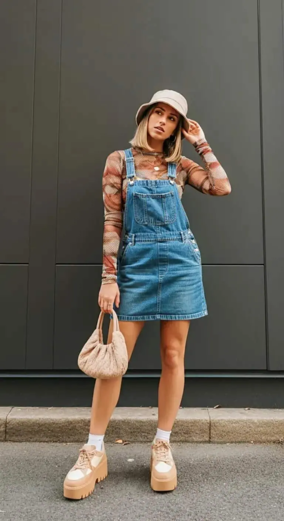 Denim overall dress layered with mesh top styled for summer concerts featuring playful, comfortable festival fashion.