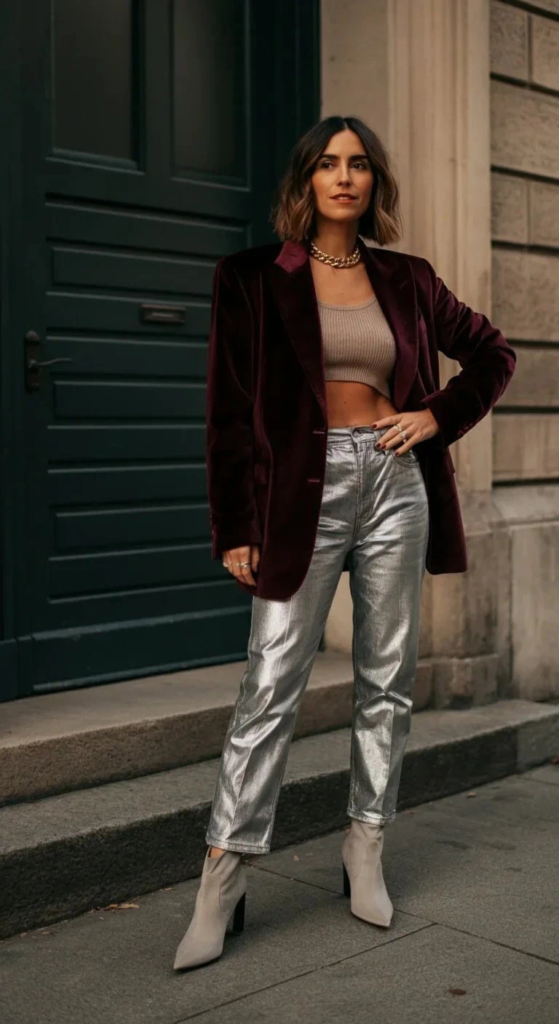 Velvet blazer with metallic pants styled for summer concerts featuring luxurious, dramatic festival fashion.