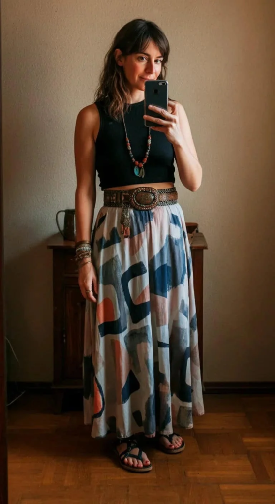 Printed maxi skirt with cropped tank styled for summer concerts featuring flowing, comfortable festival-ready fashion.