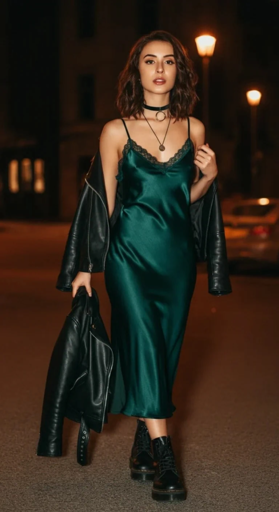Satin slip dress paired with combat boots and layered necklaces styled for summer concerts featuring edgy, feminine festival-ready fashion.