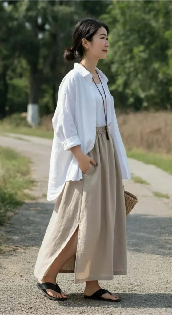 Beige linen maxi skirt with front split paired with oversized white button-down for summer casual elegance.