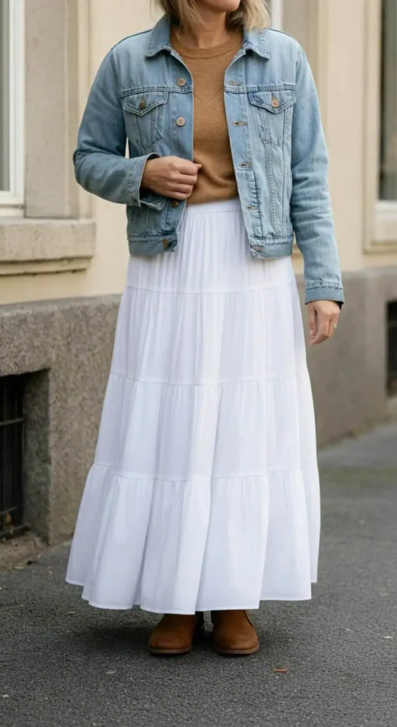 White tiered cotton maxi skirt paired with cropped light-wash denim jacket for stylish summer layering.