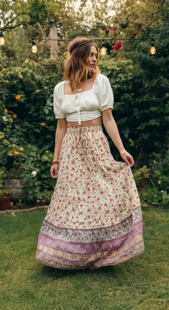 Vibrant floral printed maxi skirt paired with white cotton crop top for bohemian summer style.