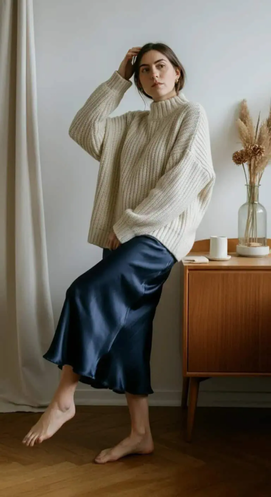 Navy silk slip skirt with oversized cream sweater for elegant yet relaxed summer outfit.