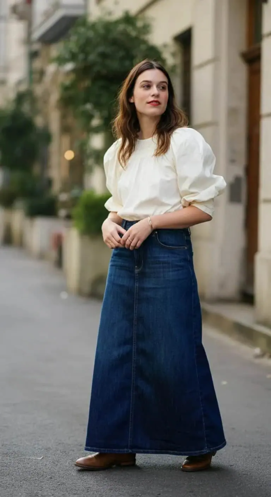Dark wash denim maxi skirt paired with white puff-sleeve blouse and leather boots for chic summer casual look.