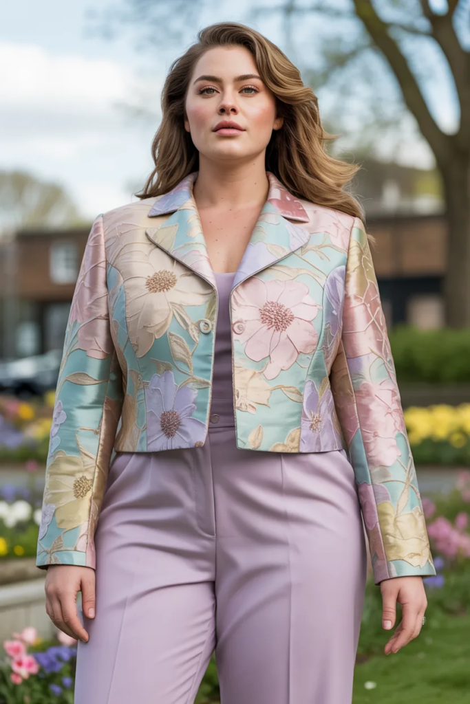 Plus Size Floral Jacquard Cropped Jacket With Straight Leg Trousers Easter Outfit