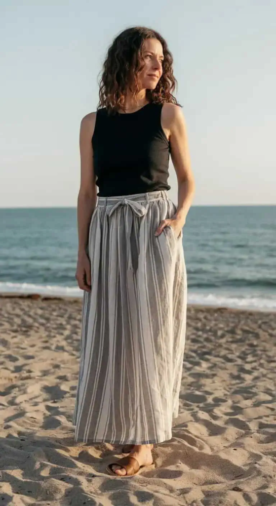 Striped linen maxi skirt with fitted black tank and espadrilles for casual summer style.