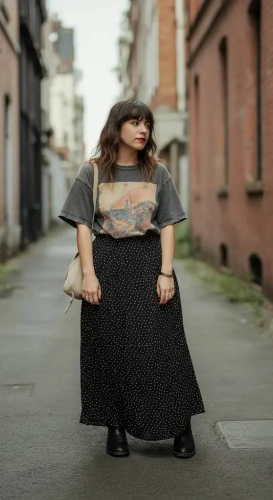 Black and white polka dot maxi skirt paired with vintage graphic tee and white sneakers for playful summer outfit.