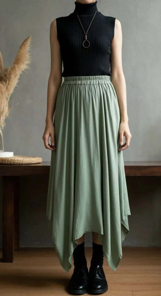 Sage green asymmetrical maxi skirt paired with fitted black sleeveless turtleneck and metallic sandals for modern summer style.