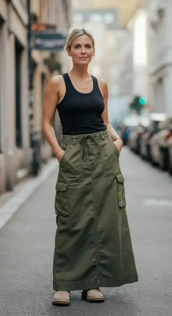 Khaki utility maxi skirt paired with fitted black racerback tank and combat boots for practical summer style.