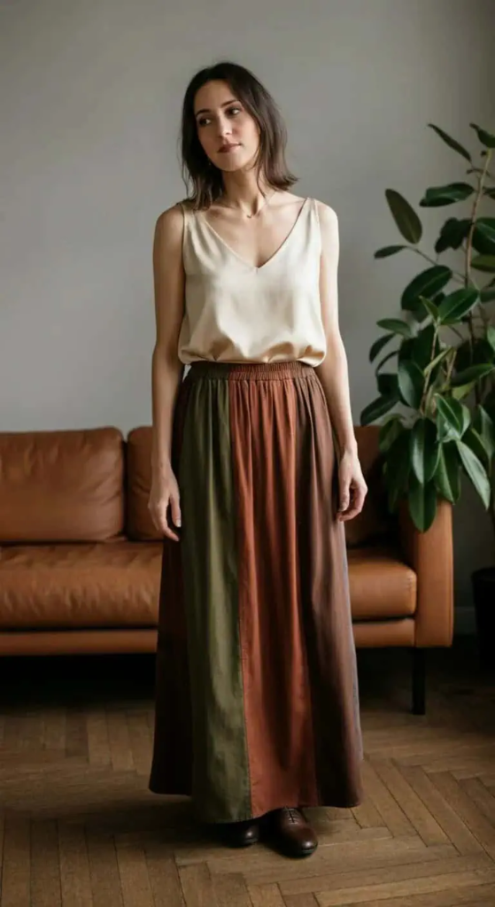 Earth-toned color-block maxi skirt paired with cream silk tank and nude pumps for professional summer style.