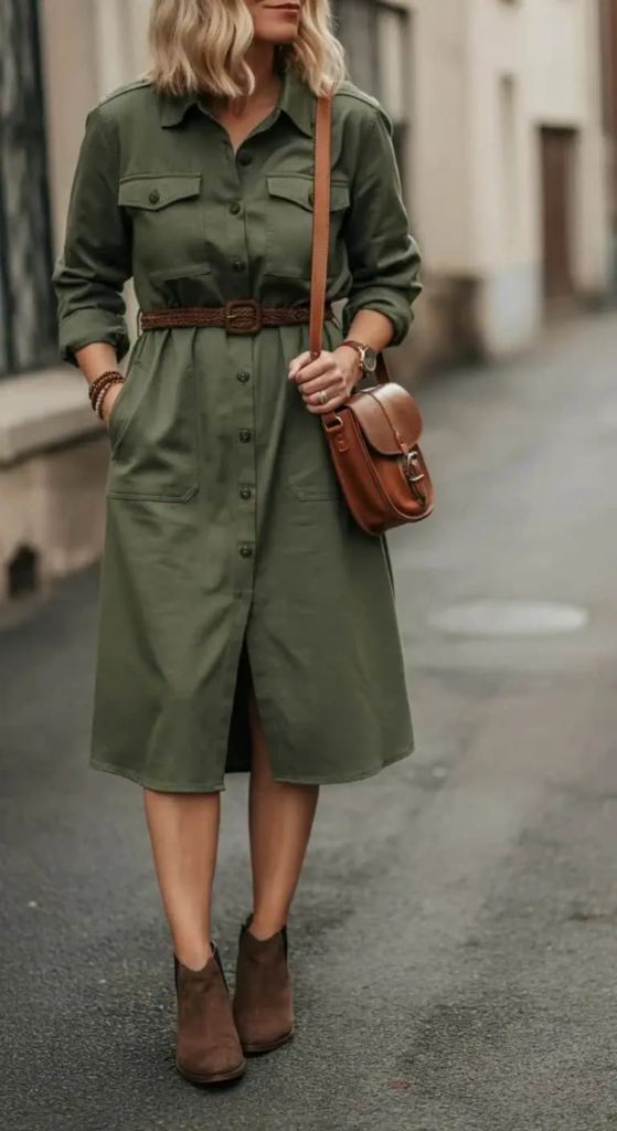 Modern Utility Dress with Leather Accessories