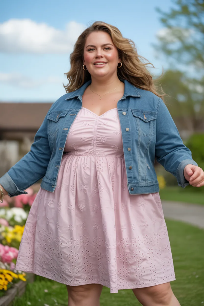 Plus Size Eyelet Cotton Sundress With Denim Jacket Easter Outfit