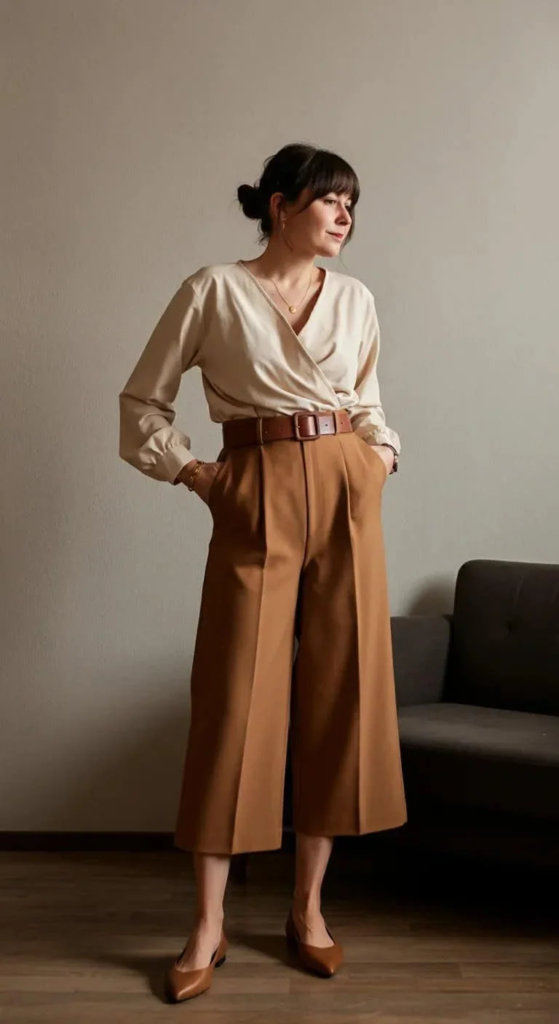 High-Waisted Culottes with Wrapped Blouse