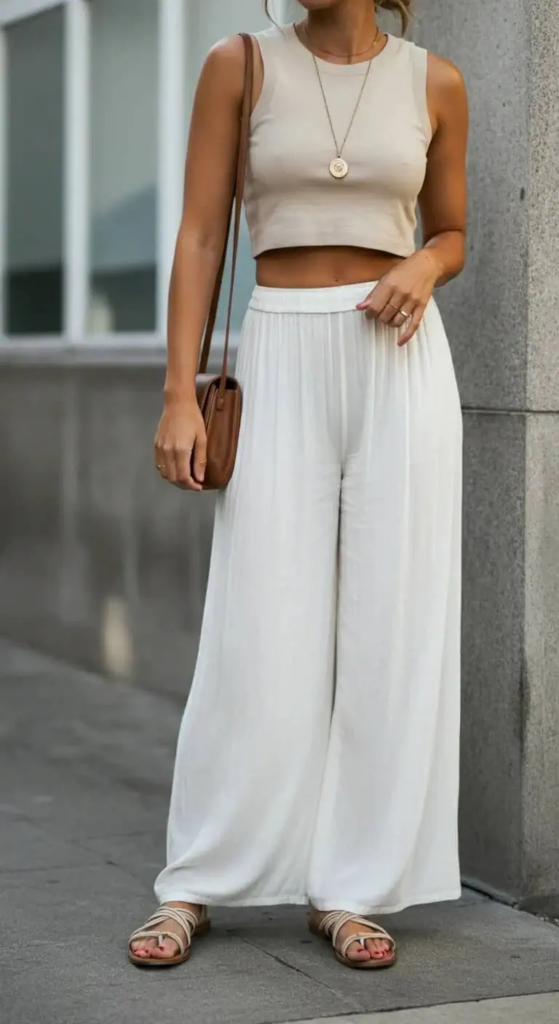 Woman wearing high-waisted, wide-leg beige palazzo pants with a fitted white cropped tank, paired with leather sandals and minimal gold jewelry, standing on a sunlit boardwalk.