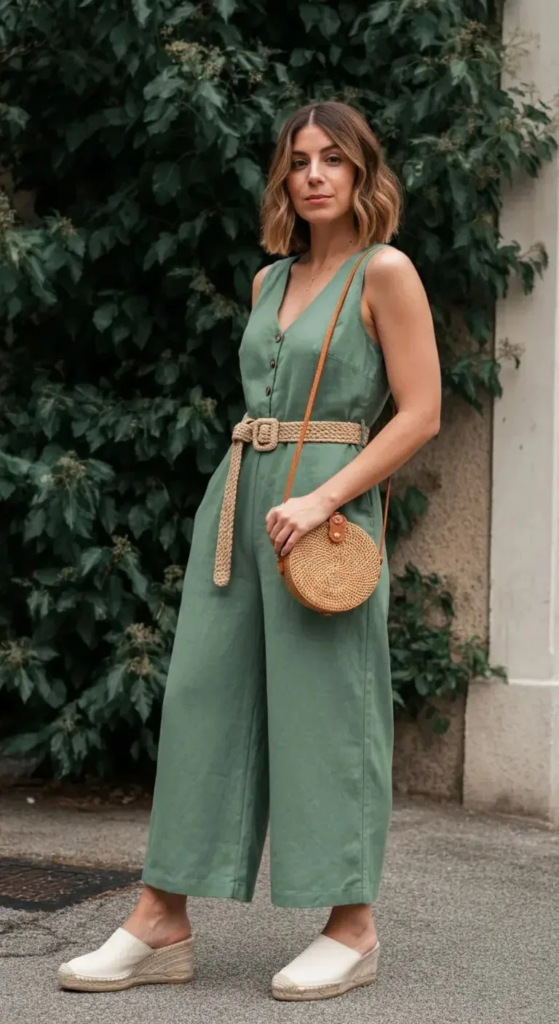 Woman wearing a light beige linen jumpsuit with a cinched waist, paired with espadrille wedges, standing on a cobblestone street at sunset.