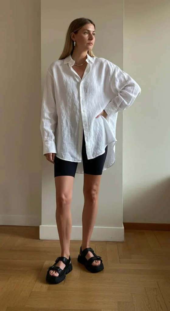 Woman wearing an oversized white button-down shirt over black biker shorts, paired with white sneakers, standing on a city street.