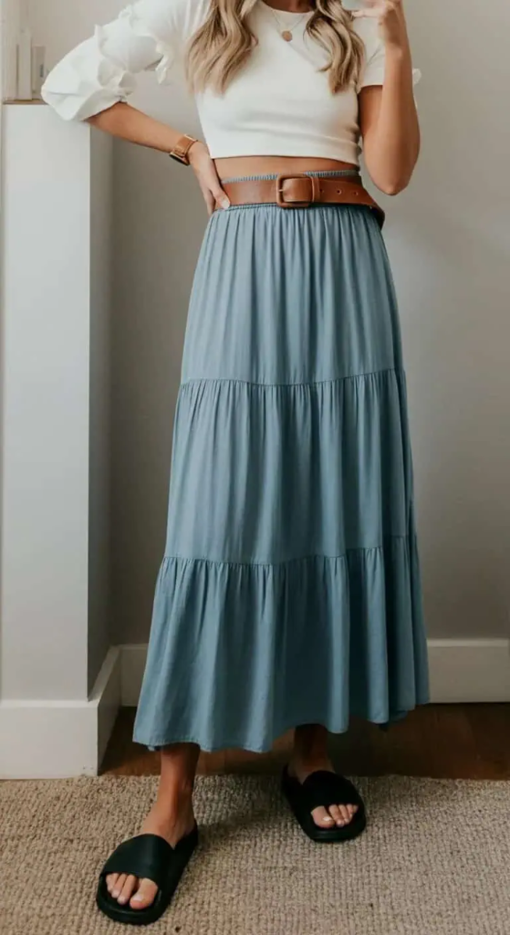 Woman wearing a cream tiered maxi skirt with a fitted cropped top, cinched with a slim leather belt, standing on a sunset-lit terrace.