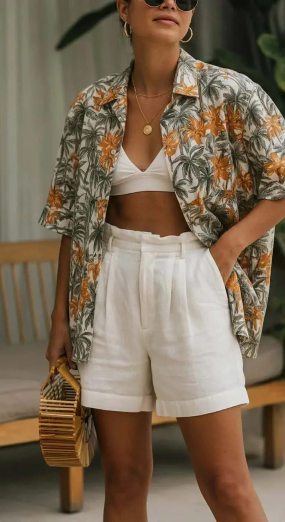 Woman wearing an oversized tropical print resort shirt tucked into high-waist beige shorts, paired with leather slide sandals and a straw bag, walking along a sunny promenade.