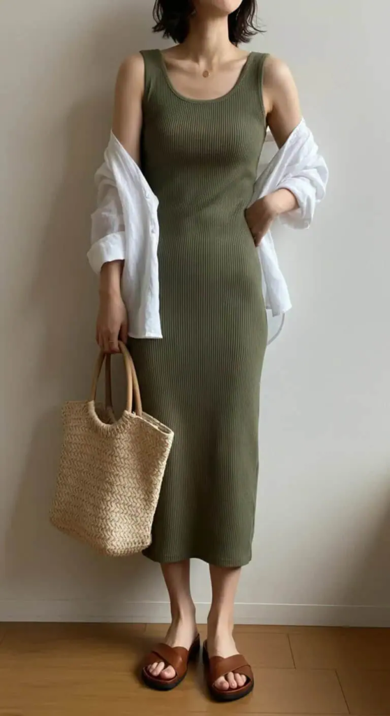 Woman wearing a fitted white knit tank dress layered with a light blue oversized shirt, paired with flat leather sandals and a tote bag, standing on a sunny boardwalk.