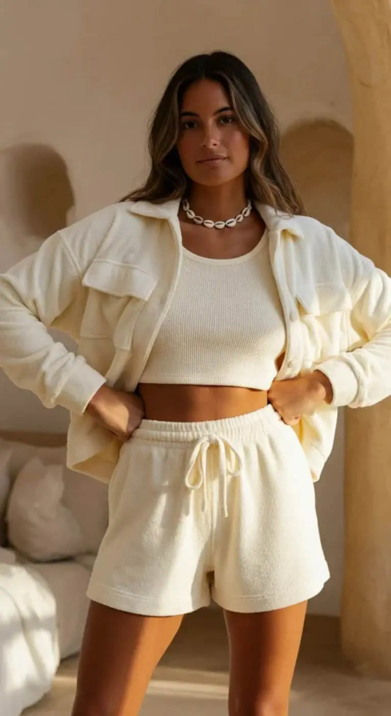 Woman wearing a matching cream terry cloth crop top and shorts set, paired with beige slide sandals, standing by a poolside terrace.