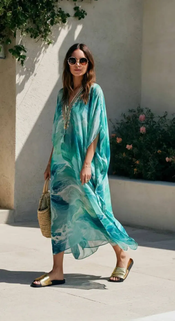 Woman wearing a colorful printed caftan with metallic slide sandals, accessorized with simple jewelry, standing on a sunny poolside deck.