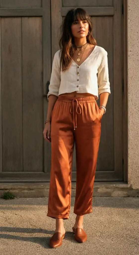 Woman wearing high-waisted beige drawstring pants paired with a fitted white crop top and sleek mules, standing on a sunlit terrace.