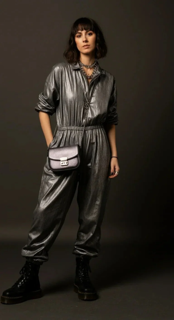 Woman wearing a silver metallic jumpsuit styled with black combat boots and layered silver jewelry at a concert venue.