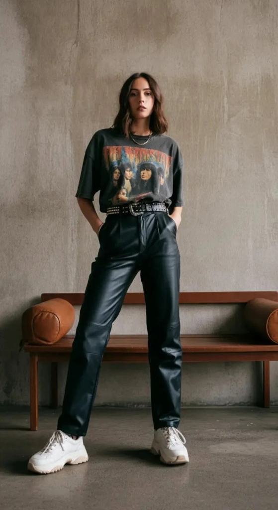 Woman wearing an oversized band t-shirt tucked into high-waisted black leather pants with chunky white sneakers at a concert.