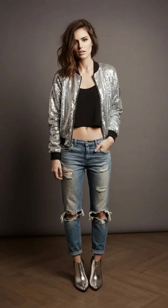 Woman wearing a black sequin bomber jacket over a crop top with high-waisted jeans and metallic ankle boots at a concert venue.