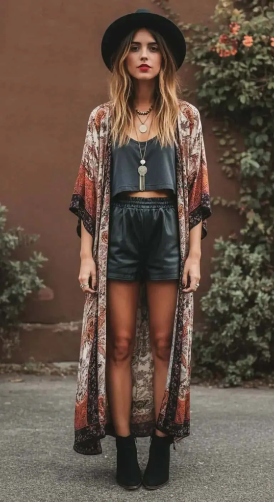 Woman wearing a long printed maxi kimono over leather shorts and a crop top with ankle boots at an outdoor concert.