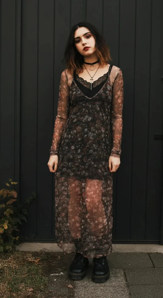 Woman wearing a printed sheer mesh dress layered over a black slip with black combat boots at a concert venue.