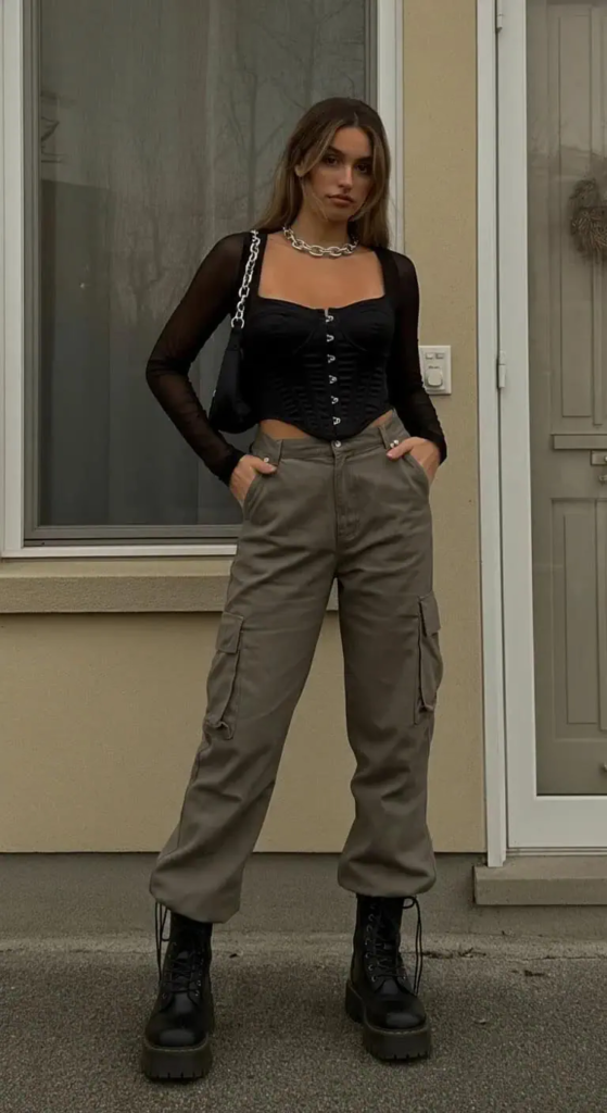 Woman wearing high-waisted cargo pants paired with a black corset top and combat boots at a live music event.