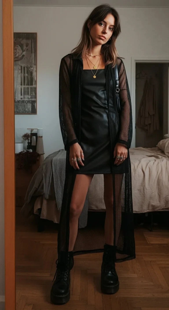 Woman wearing a black leather mini skirt with a sheer mesh overlay and black combat boots at a concert.