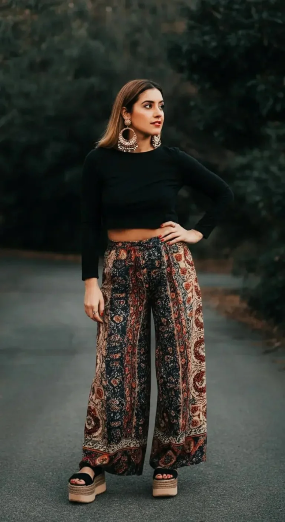 Woman wearing brightly printed palazzo pants with a black crop top and platform sandals at an outdoor concert.