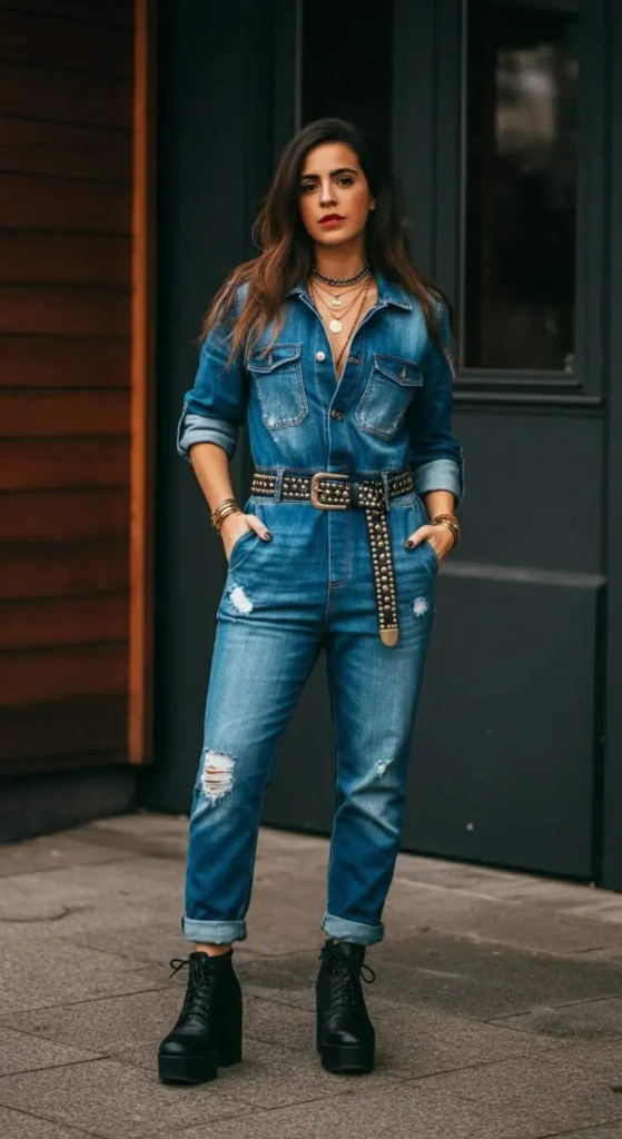 Woman wearing a fitted denim jumpsuit with platform boots and a studded belt at a concert.
