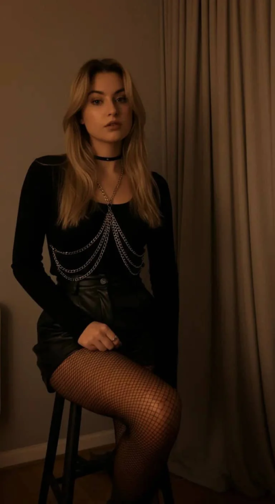 Woman wearing a chain-accented top with high-waisted leather shorts, fishnet tights, and ankle boots at a concert.