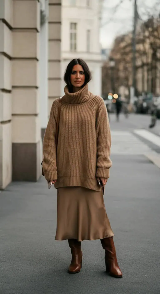 Woman wearing a camel cashmere turtleneck tucked into a flowing silk midi skirt, paired with brown leather ankle boots, standing in natural light with a soft, neutral-toned background.